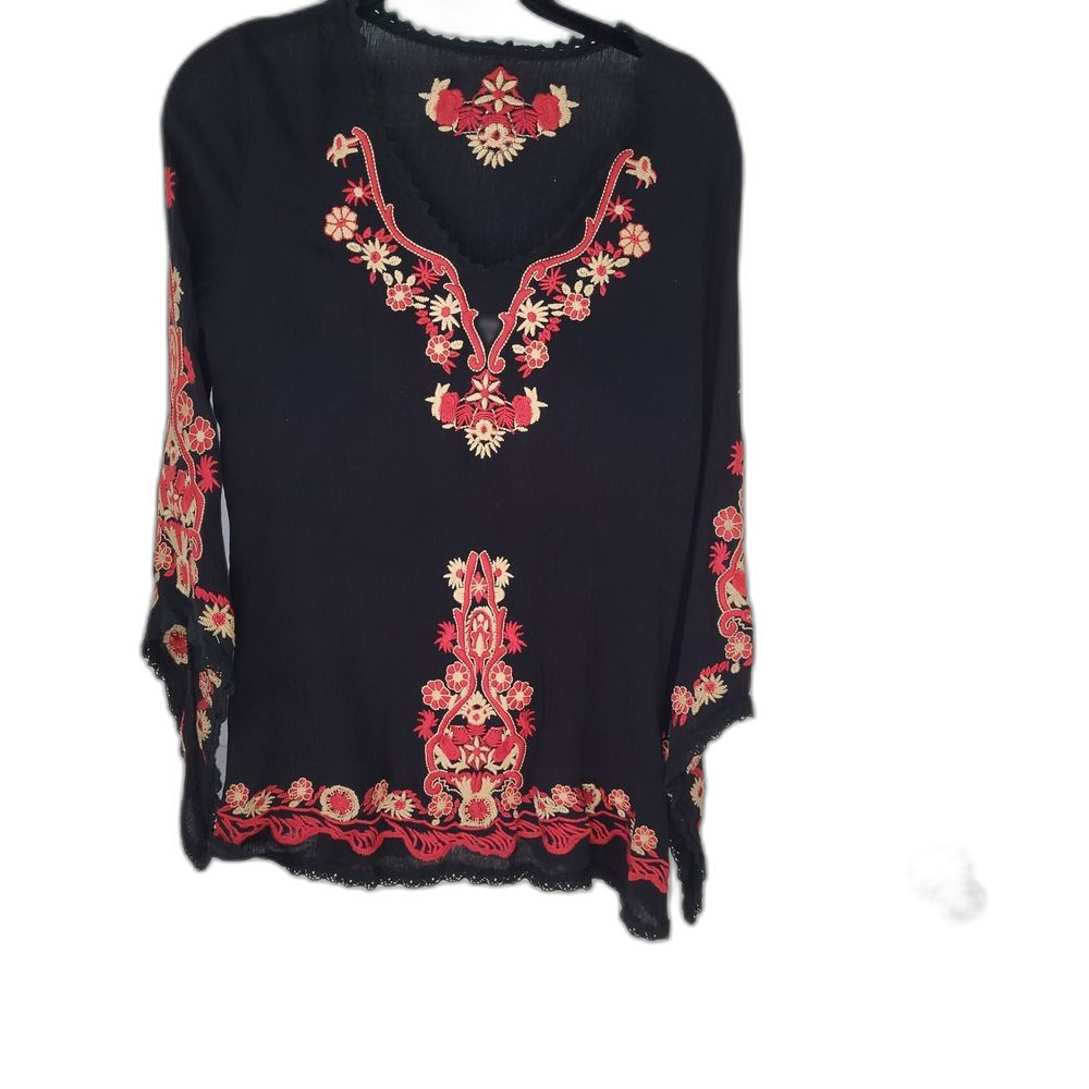 Embroidered Black and Red Gauze Women's Top - Size Large